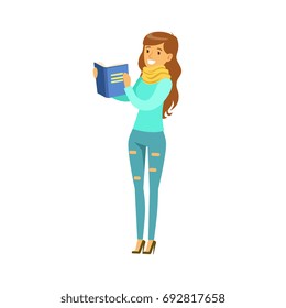 Beautiful young long haired woman standing and reading a book vector Illustration