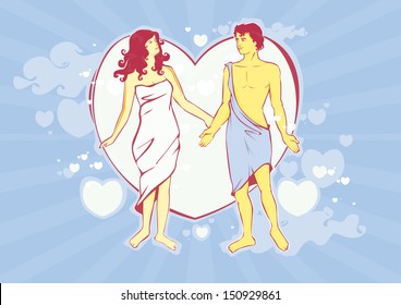 Beautiful young love couple embracing against a big white heart on blue background