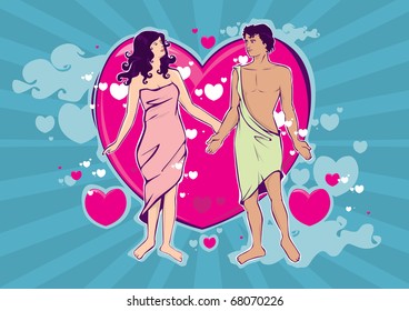 Beautiful young love couple embracing against a big red heart on white background
