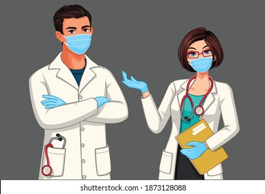 Beautiful young male and female doctors wearing mask and gloves vector illustration