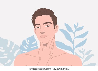 Beautiful young man applied the cream to his face, after shaving, workout, Shirtless torso, Men's skin care concept. Vector design illustration.