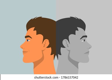 Beautiful Young Man with Bipolar Disorder. Cheerful and Sad, Happy and Unhappy. Two-face Man Showing Two Different Moods Euphoria and Depression. Vector Cartoon in Flat Style. Side View