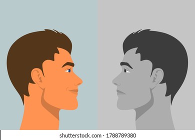 Beautiful Young Man with Bipolar Disorder. Cheerful and Sad, Happy and Unhappy. Two-face Man Showing Two Different Moods Euphoria and Depression. Vector Cartoon in Flat Style. Side View