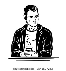 Beautiful young man in a cafe with coffee. City girl. Coffeetime, leisure and lifestyle. Vector black white isolated art illustration. Hand drawn sketch