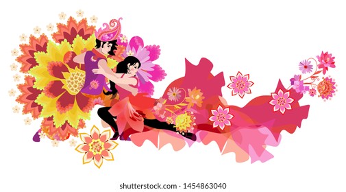 Beautiful young man in east costume and girl in red dress, decorated of flowers, dancing tango isolated on white background. International Dance Day. Wedding invitation, concert poster, flyer. 