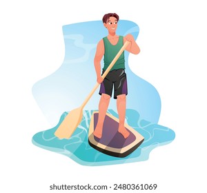 Beautiful young man in a swimsuit riding a stand-up paddle board. Summer water sports activities. Vector isolated cartoon illustration.