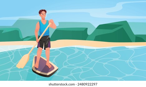 Hermoso joven en traje de baño montando un stand-up paddle board en la costa del mar. Actividades náuticas de verano. Vector ilustración de dibujos animados.