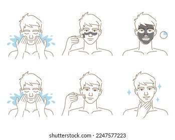 Beautiful young man take skin care about his face procedure at home. Beauty face care concept. Linear logo minimalist style. Vector design illustration.