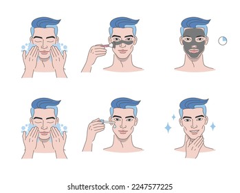 Beautiful young man take skin care about his face procedure at home. Beauty face care concept. Vector design illustration.