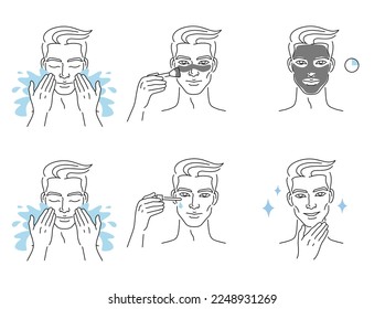 Beautiful young man take skin care about his face procedure at home. Beauty face care concept. Linear logo minimalist style. Vector design illustration.