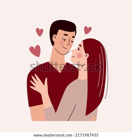 Beautiful young man and woman hugging, loving couple. Valentine's day, love, date. Flat vector illustration