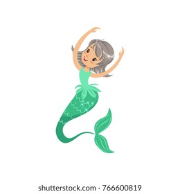 Beautiful young mermaid girl with gray hair and fish tail. Fabulous character form underwater world. Marine life concept. Isolated flat vector