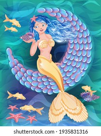 Beautiful young mermaid and the moon, wallpaper. vector illustration