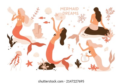 Beautiful young mermaid with ocean flora and fauna: algae, corals, fish, jellyfish. Fairy tale and underwater creature set. Sea and ocean aesthetic collection. Isolated vector illustration