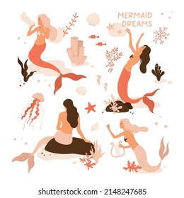 Beautiful young mermaid with ocean flora and fauna: algae, corals, fish, jellyfish. Fairy tale and underwater creature set. Sea and ocean aesthetic collection. Isolated vector illustration
