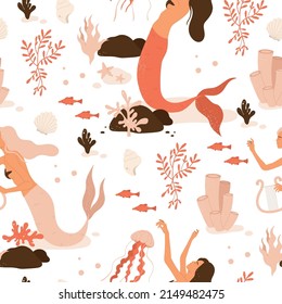 Beautiful young mermaid with ocean flora and fauna seamless pattern. Fairy tale and underwater creature. Sea and ocean aesthetic. Isolated vector illustration in cartoon style.
