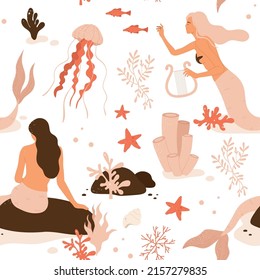 Beautiful young mermaid with ocean flora and fauna seamless pattern. Fairy tale and underwater creature. Sea and ocean aesthetic. Isolated vector illustration in cartoon style.
 - Shutterstock ID 2157279835