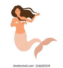 Beautiful young mermaid with pink fish tail and starfish bra. Fairy tale and underwater creature. Sea and ocean aesthetic. Vector illustration in cartoon style. Isolated white background.