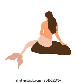 Beautiful young mermaid with pink fish tail and starfish bra. Sitting back mermaid. Fairy tale and underwater creature. Sea and ocean aesthetic. Vector cartoon illustration. Isolated  background