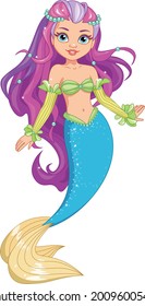 Beautiful young Mermaid with Purple hair Cute Cartoon vector illustrations for children fashion works of art, children's books, T-shirts prints, greeting cards.