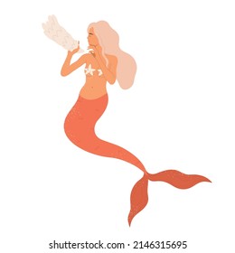 Beautiful young mermaid with red fish tail, starfish bra and sea shell. Fairy tale and underwater creature. Sea and ocean aesthetic. Vector illustration in cartoon style. Isolated white background.