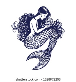 Beautiful young mermaid with the sea shell and pearl. Sea underwater fantasy creature with tail and decorative long hair. Hand drawn vector illustration, design for coloring book, tattoo and poster.
