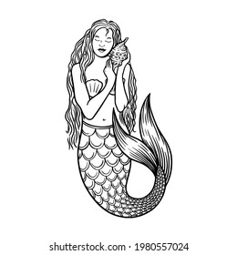 Beautiful young mermaid with the sea shell and pearl. Sea underwater fantasy creature with tail and decorative long hair. Hand drawn vector illustration, design for coloring book, tattoo and poster.