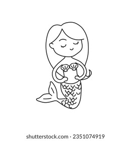 Beautiful young mermaid. Sea underwater fantasy creature with tail and decorative long hair. Hand drawn vector illustration, design for coloring book. 