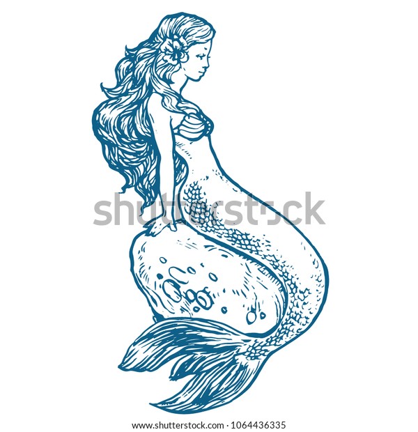 石の手描きのストックイラストのスケッチに座る美しい人魚の若い人魚 絵本のページに色をつけるデザイン のベクター画像素材 ロイヤリティフリー