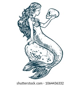 Beautiful young Mermaid with skull ink outlne hand drawn stock vector illustration tattoo sketch, design for coloring book page