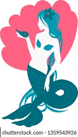 Beautiful young mermaid woman with seashell and long hair fashion silhouette. Book magazine cartoon illustration, fashion artwork, t shirt print