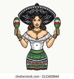 Beautiful young Mexican woman in sombrero hat shaking maracas in colorful vintage style, vector illustration