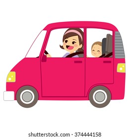 Beautiful Young Mom Driving Pink Car With Baby On Back Seat Of Vehicle