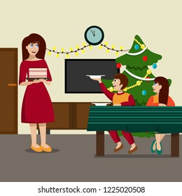 Beautiful young mother with a cake in her hands. Small children for stolon on Christmas Eve in anticipation of the cake. Comtat with tv and decorated christmas tree. Illustration in flat style.
