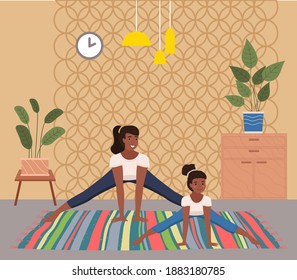 Beautiful young mother and her charming little daughter are smiling while doing yoga together at home. Happy woman and cheerful girl do stretching, sports exercises. Family leads an active lifestyle