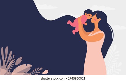 Beautiful young mother holds a baby. The concept of family, motherhood, pregnancy. Modern vector flat illustration. Clipart for design