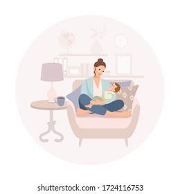 Beautiful young mother hugging little toddler baby. Woman with kid on cozy armchair. Happy family. Vector flat