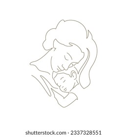 Beautiful young mother hugging little son with love continuous line art style logo for Mother's Day vector illustration. Happy family baby kid child and mommy embracing tenderness contemporary icon