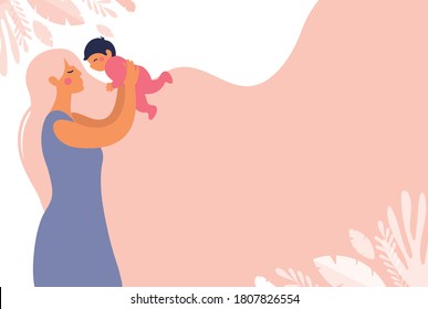 A beautiful young mother throws a toddler in her arms. Childhood and motherhood copy space poster. Flat vector concept illustration with a pink background