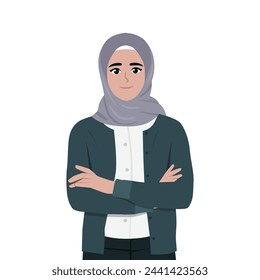 Beautiful Young muslim woman with her arms crossed. Flat Vector Illustration Isolated on White Background