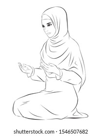 Beautiful young muslim woman pray. vector illustration isolated cartoon hand drawn line art