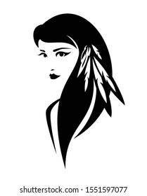 beautiful young native american indian woman with feathers in hair - tribal style beauty black and white vector portrait