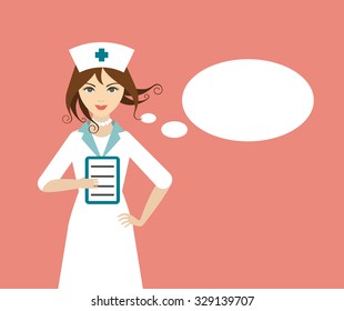 Beautiful young nurse with talking baloon. Flat design.
