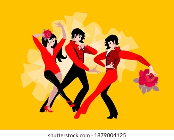 
Beautiful young people - two men and one woman - dancing together. Romantic relationships, love, love triangle, psychology.