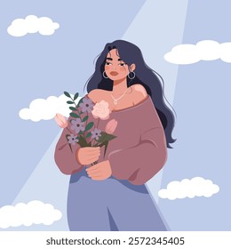 Beautiful young plump woman in comfortable clothes with a bouquet of spring flowers in nature. Vector. Flat illustration. No artificial intelligence was used to create the illustration.
