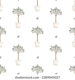 Beautiful young potted olive tree and fruit olives seamless pattern. Vector illustration. Mediterranean background