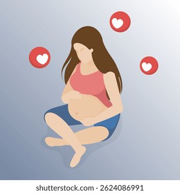 Beautiful young pregnant woman. Concept of pregnancy and motherhood. Flat isometric vector illustration.