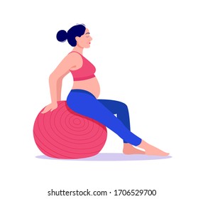beautiful young pregnant woman exercises with fit ball in the gym. Working out and fitness, pregnancy concept. Vector illustration isolated on white background.