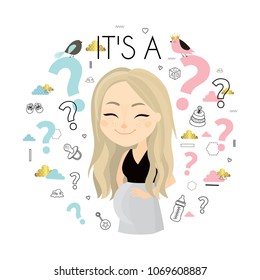 It's a ? Beautiful young pregnant woman. Future mother. Cute vector illustration. Baby shower. Gender.