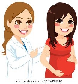 Beautiful Young Pregnant Woman Getting Vaccine Shot On Her Arm By Lovely Professional Female Obstetrician